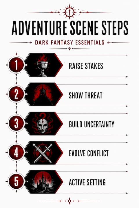 Vertical infographic of key adventure scene steps