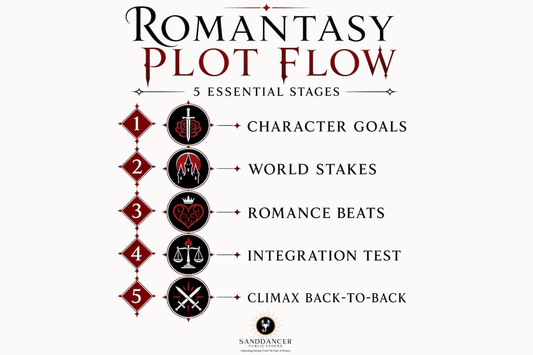 Romantasy plotting framework step-by-step infographic