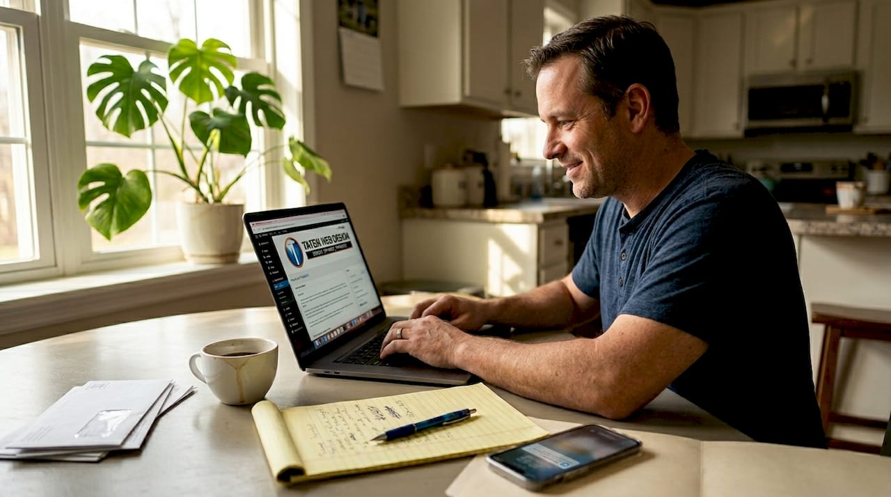 Business owner updating website at kitchen table