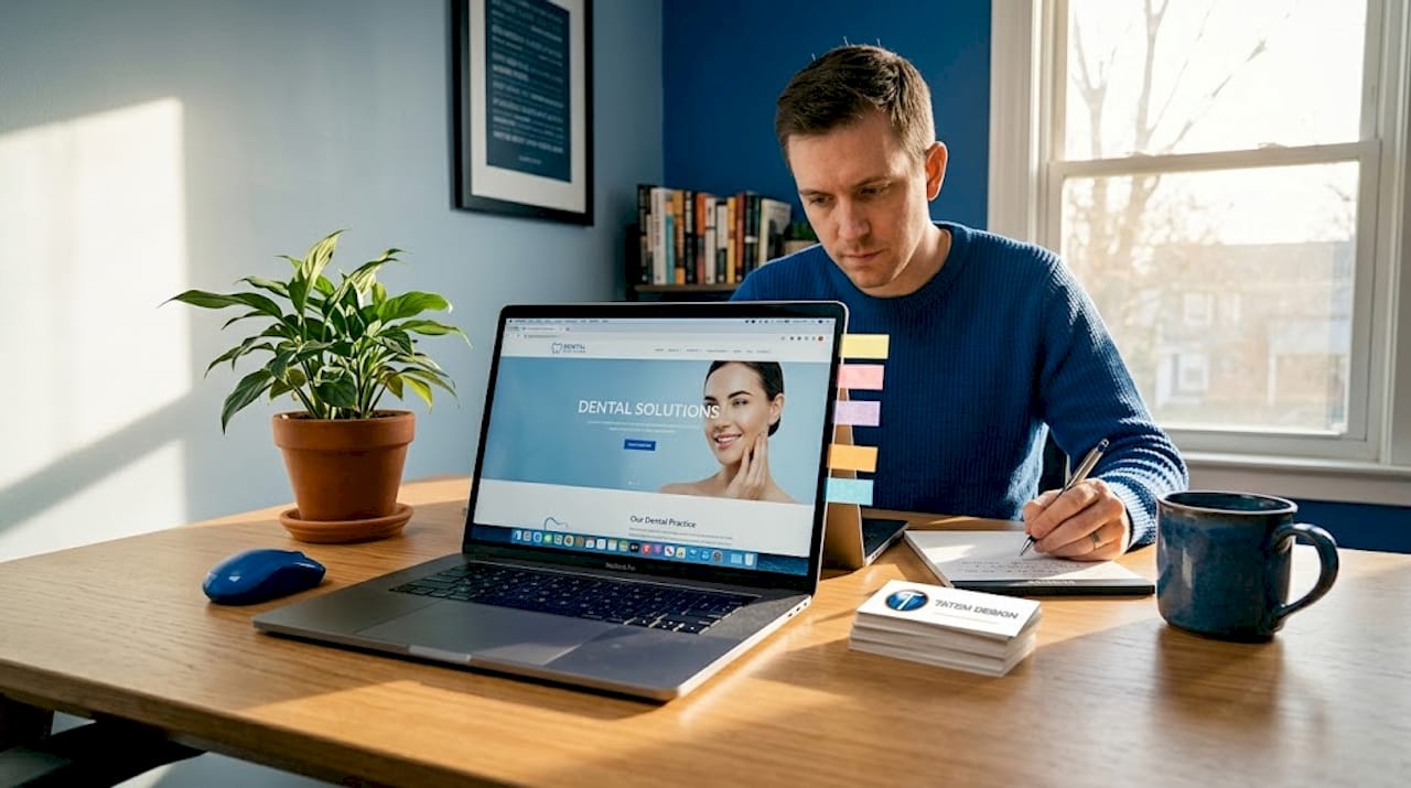 Web designer reviewing dentist website at home office