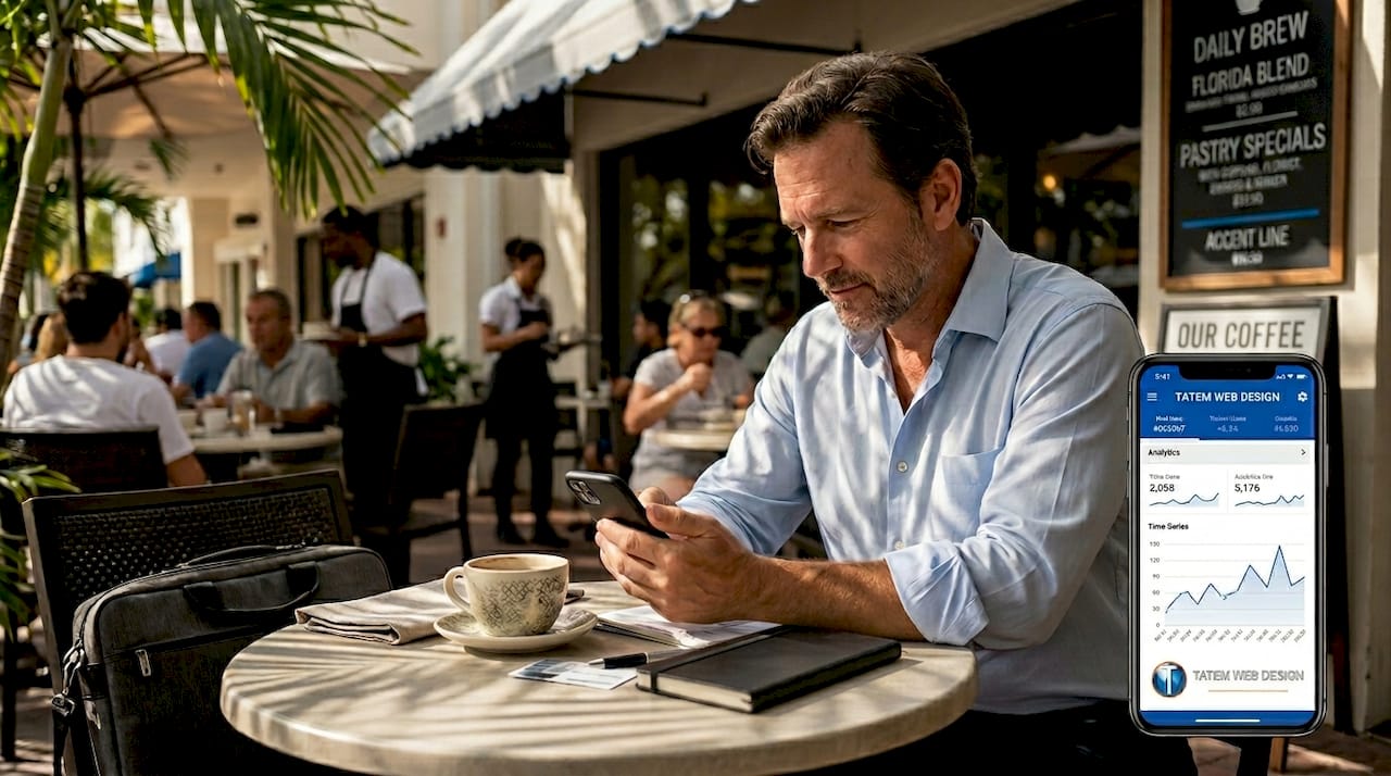 Florida business owner checks phone on café patio