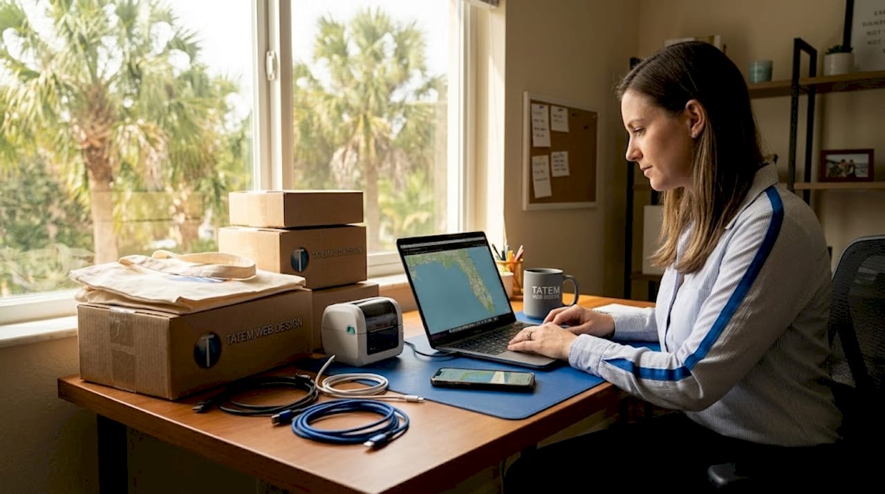 Florida SMB owner processing online orders at home office