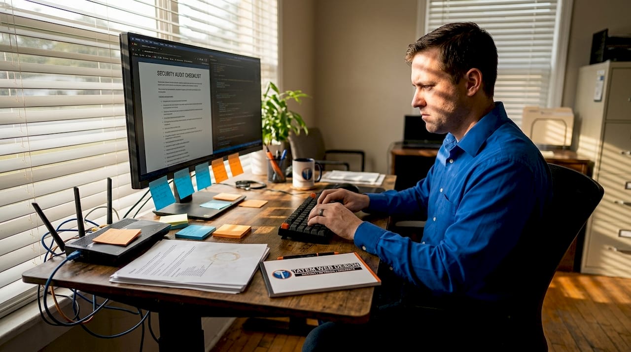 Web developer checking security checklist at crowded desk