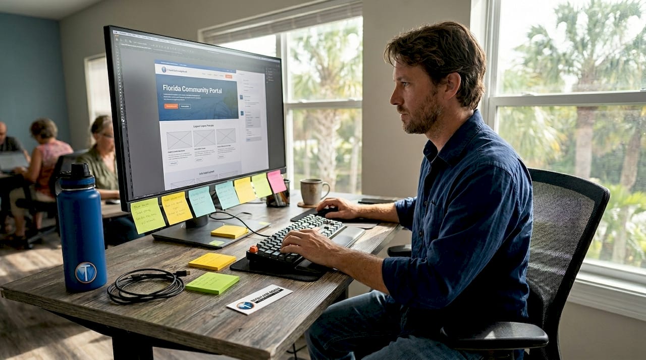 Web designer at Florida workspace updating site