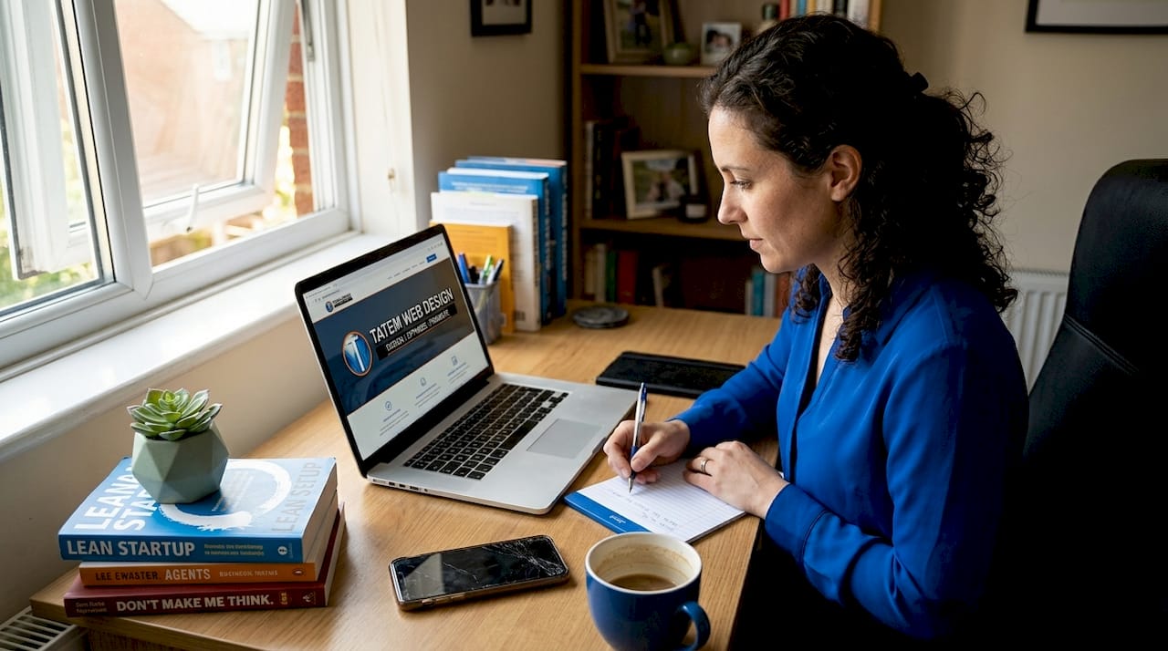 Person reviews AI-built website at desk