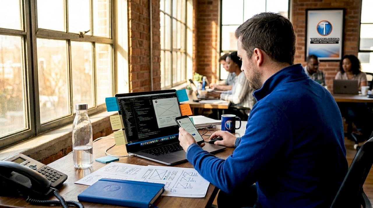 Web designer testing site on laptop and phone