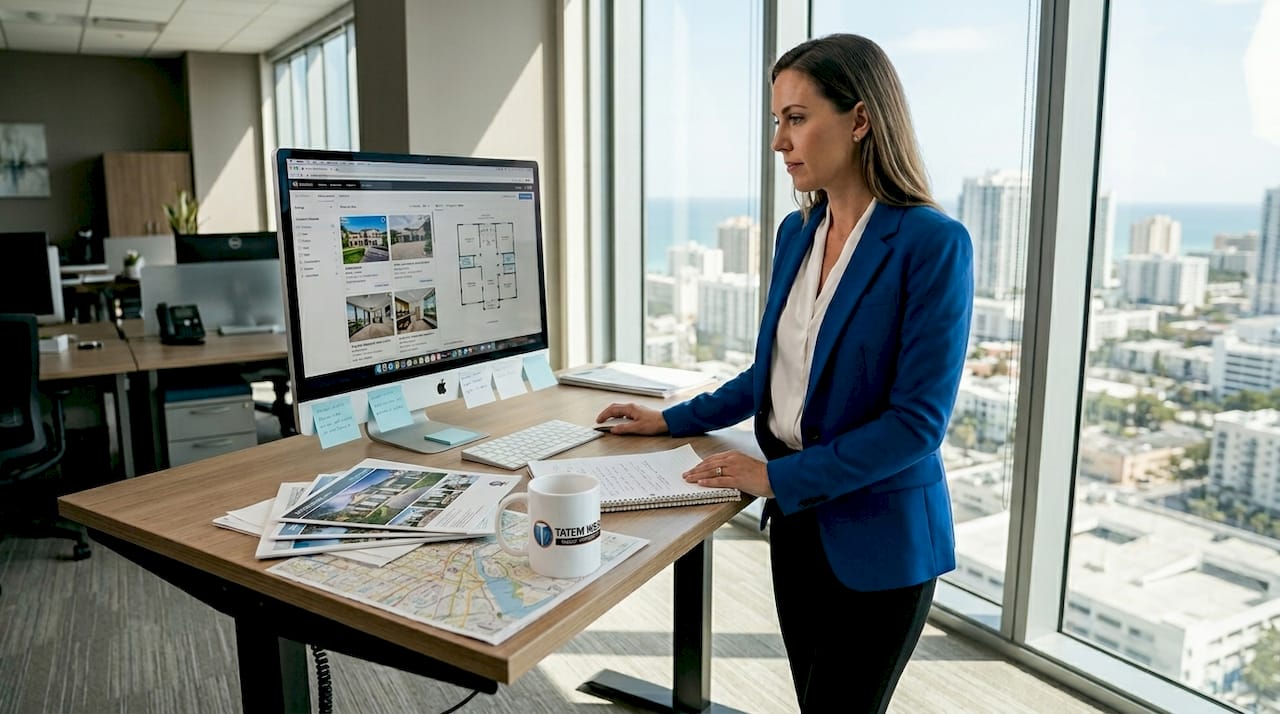 Realtor reviewing property listings at computer in Florida office