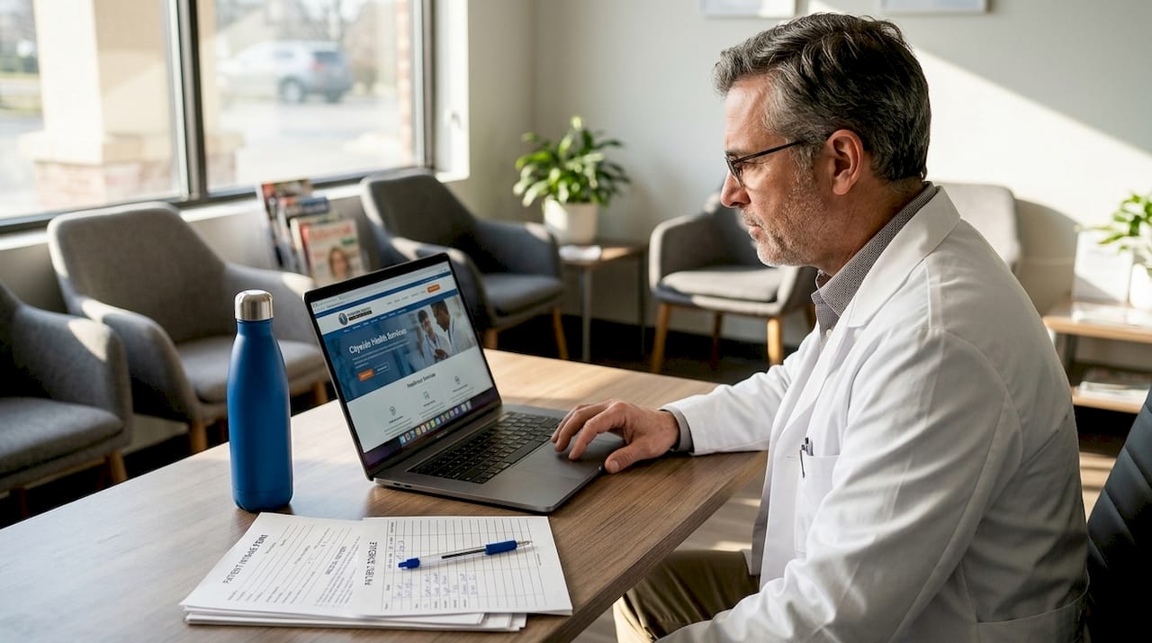 Doctor at desk using healthcare website