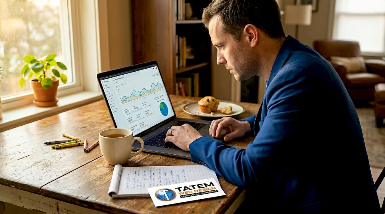 Person reviewing website analytics at kitchen table
