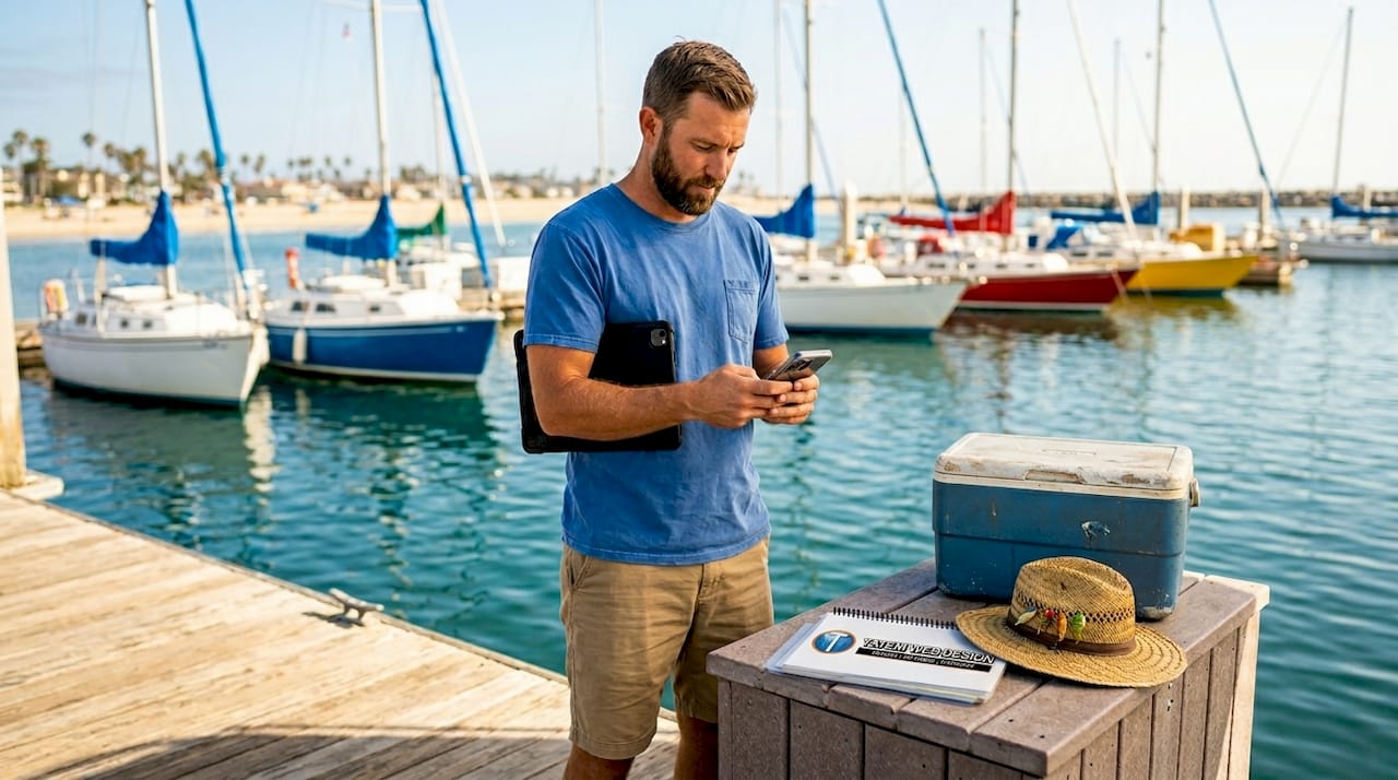 Marina worker checks inventory on smartphone dockside
