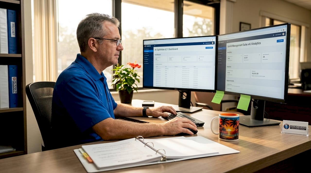 Florida IT manager at desk reviewing AI web tools