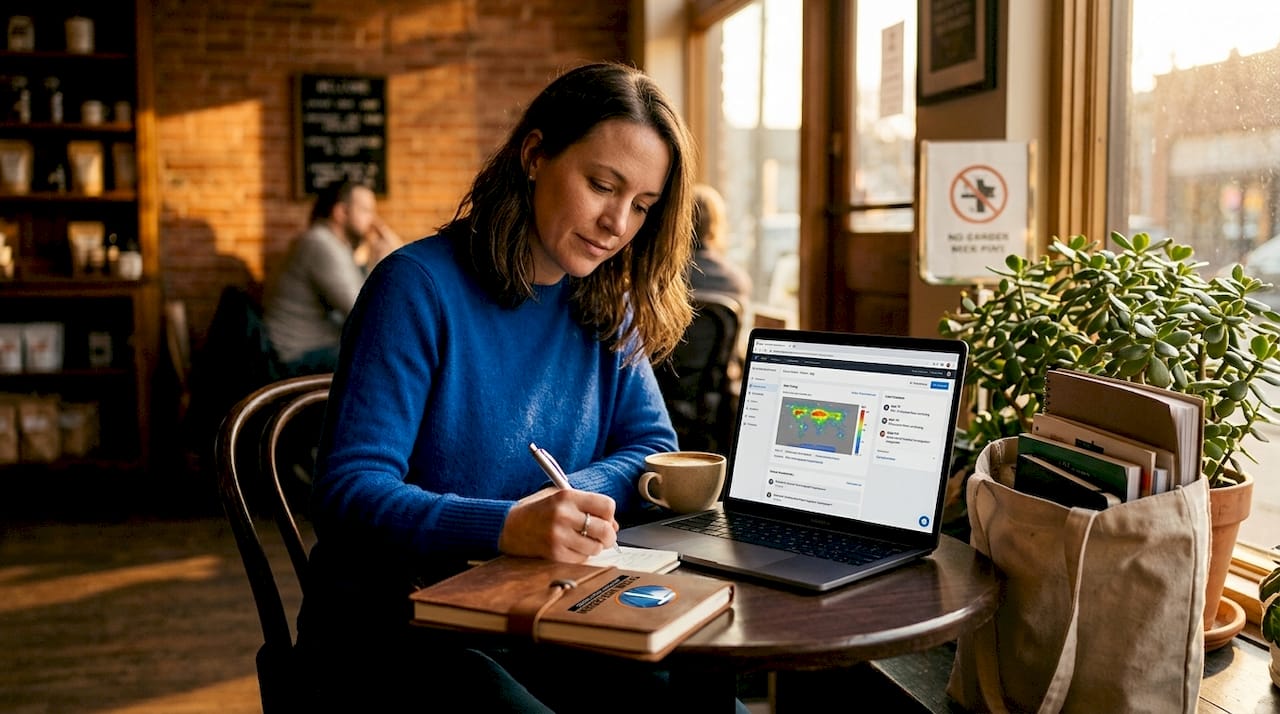 Woman analyzing website feedback in home office