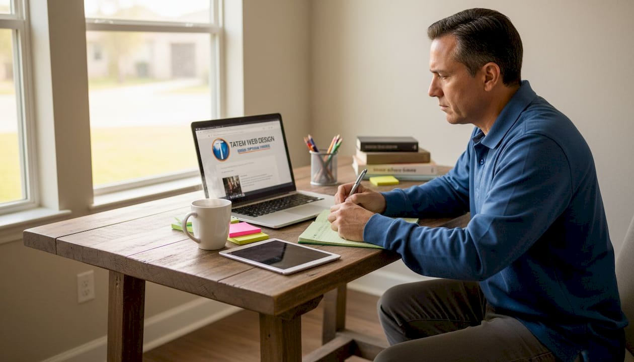 Small business owner reviews website at home table