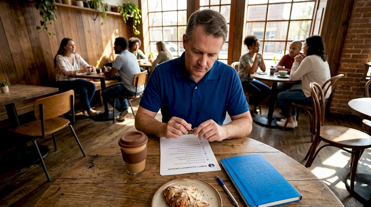 Business owner reviewing accessibility checklist at table