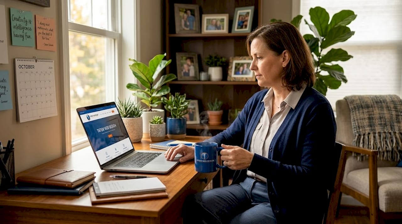 Small business owner reviewing UX on laptop at home office