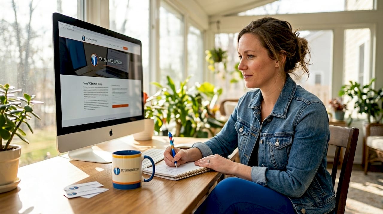 Business owner reviews website at desk