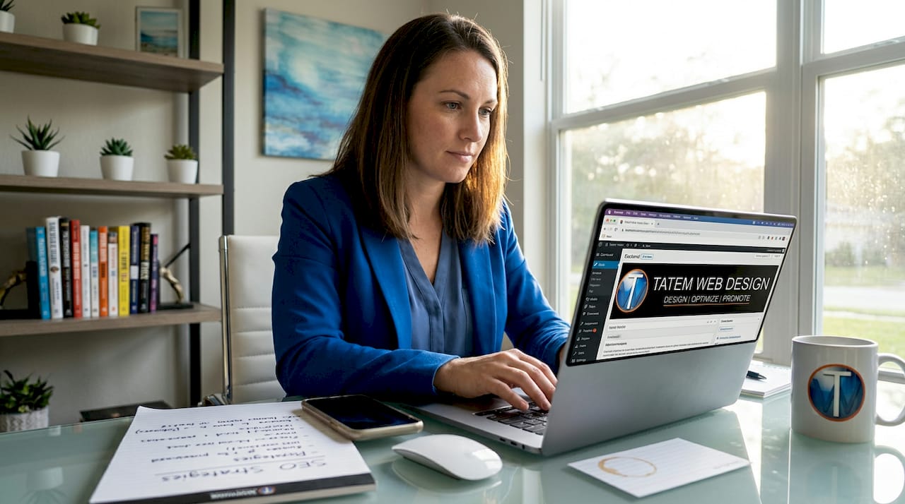Florida small business owner updating website at desk