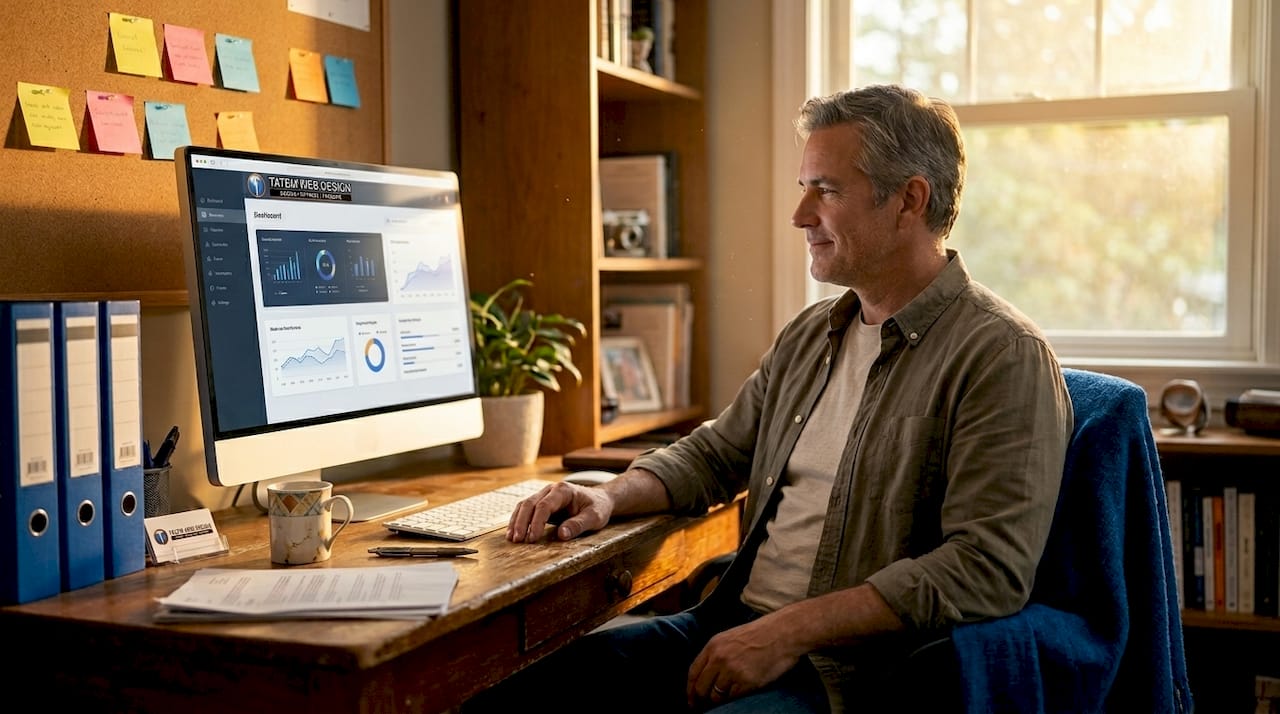 Business owner reviewing AI web dashboard at desk