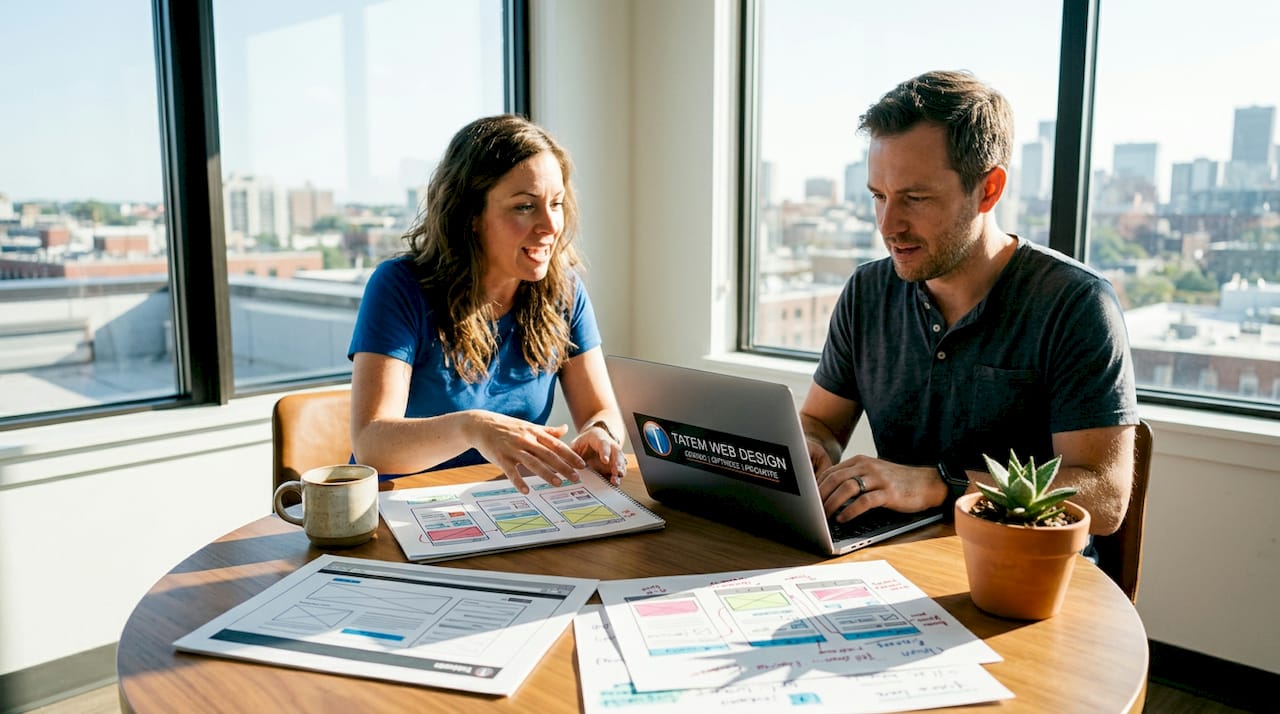 Web designers discussing website wireframes at office table
