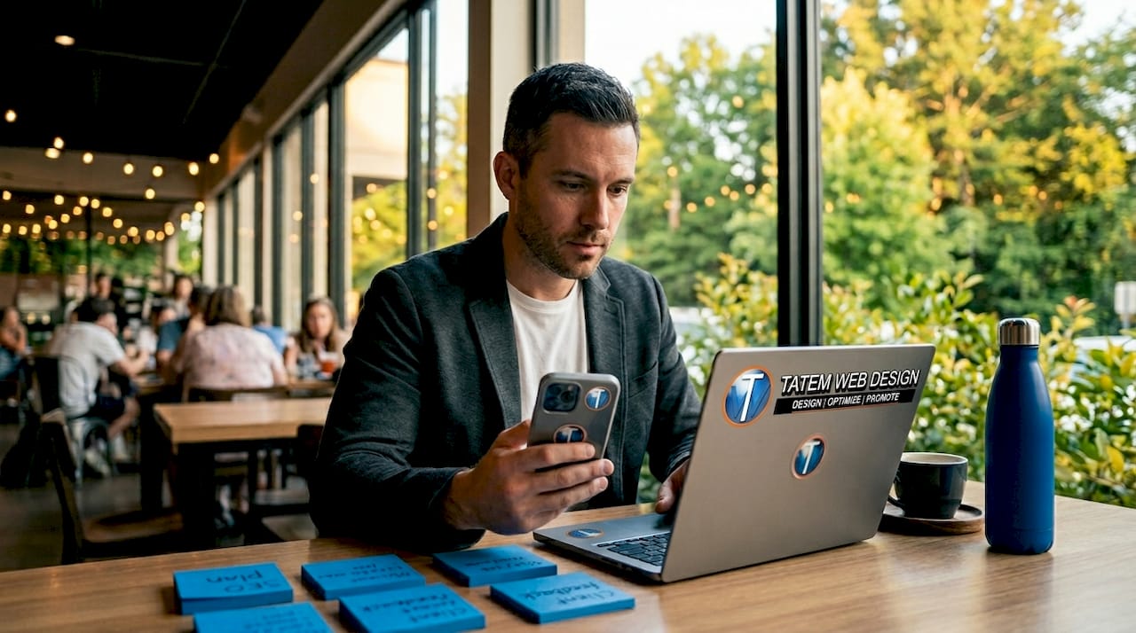 Designer checks website and social branding