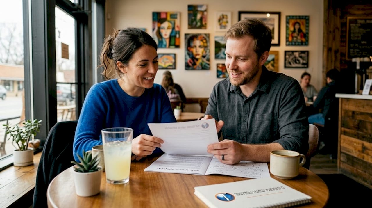 Business owners reviewing web agency proposal
