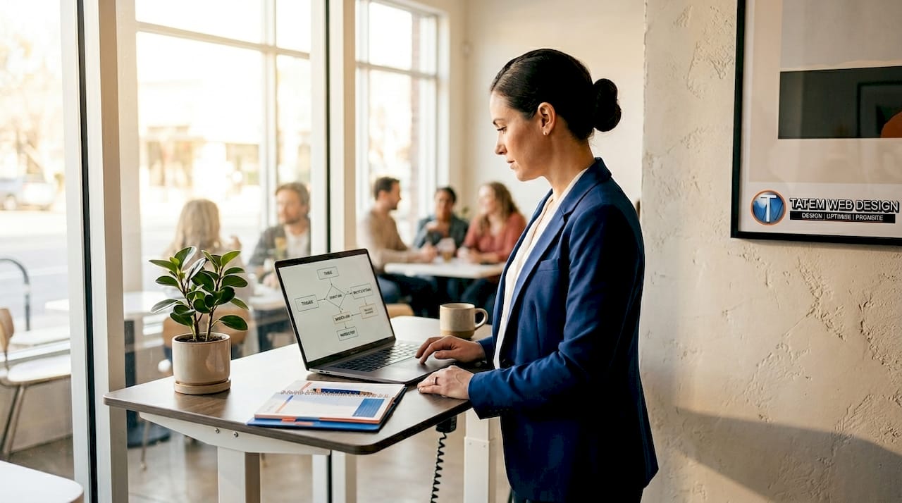 Woman at desk reviewing AI workflow chart