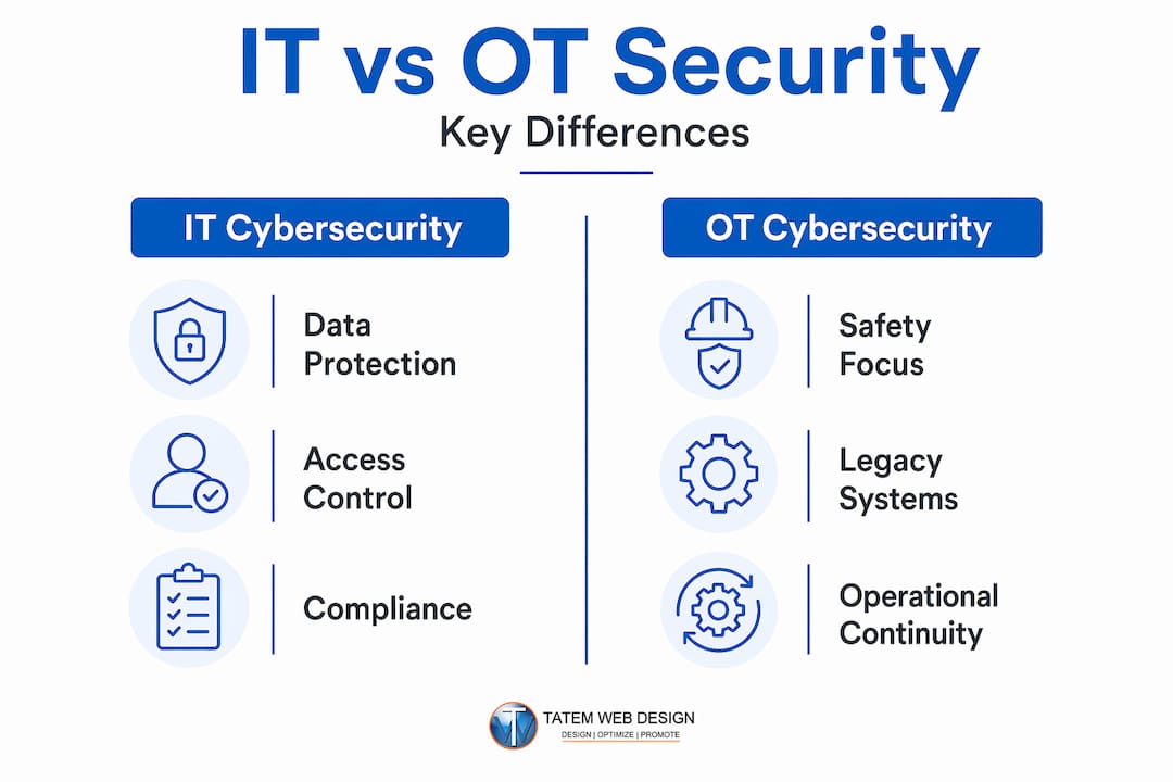 Infographic comparing IT and OT cybersecurity dimensions