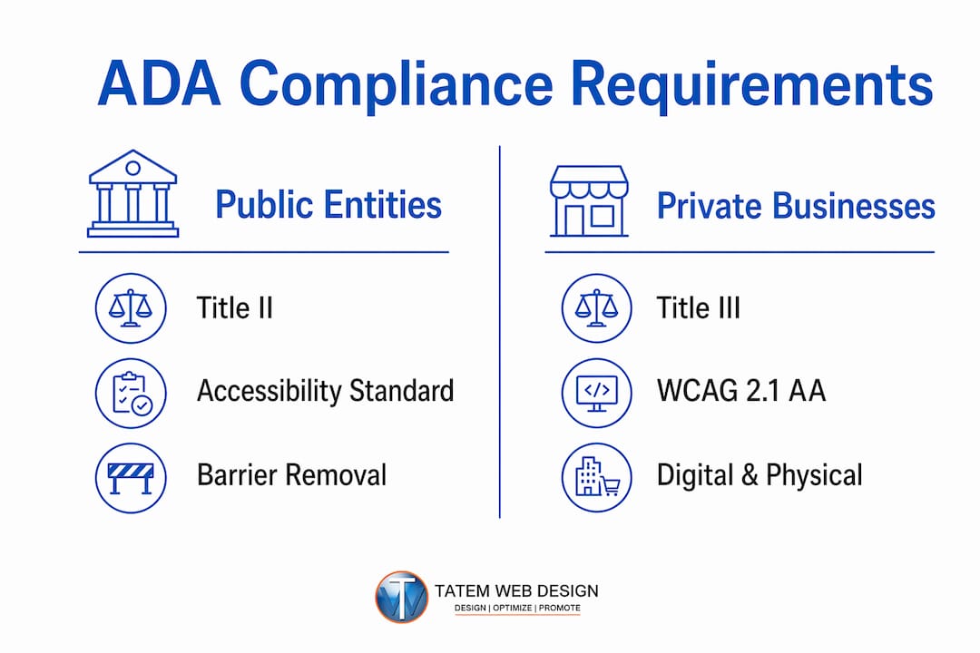 Infographic comparing ADA compliance for public entities and private businesses