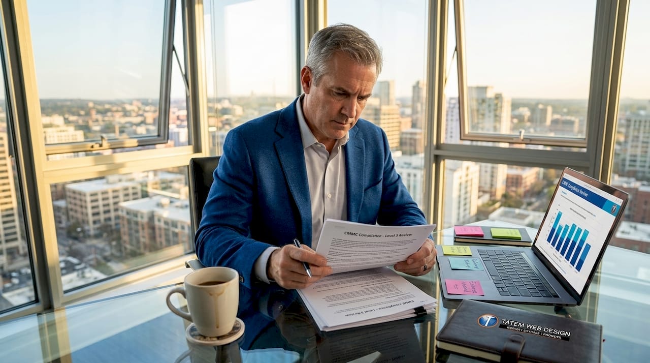 Consultant reviewing cybersecurity documents in office