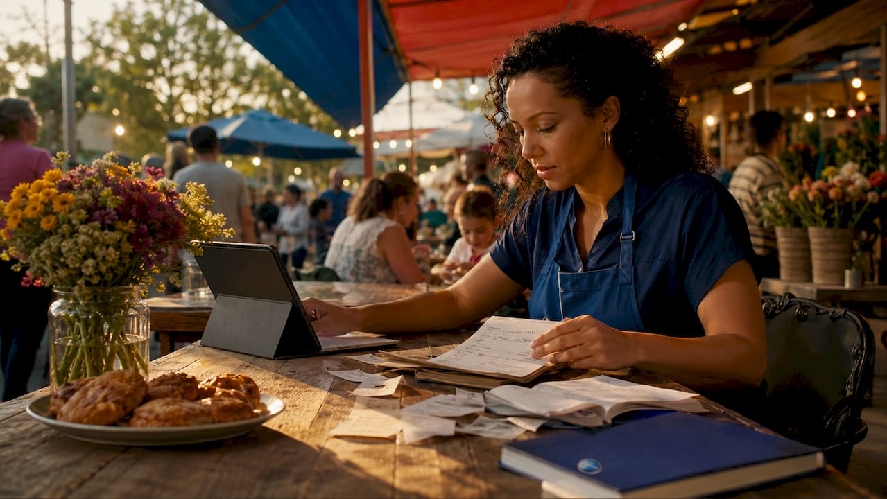 Small business owner arranging menus and tablet