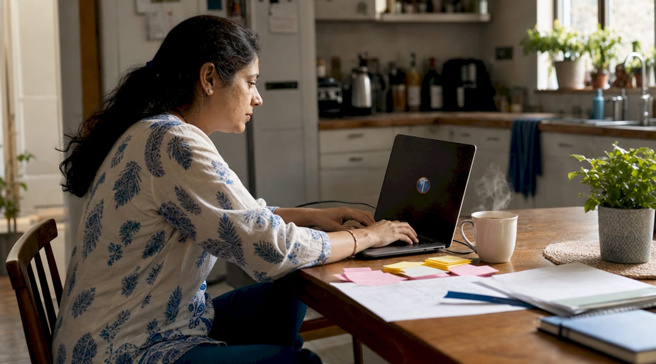Woman researching WordPress hosting providers at desk