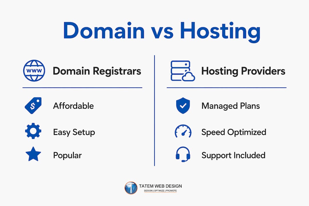 Infographic comparing domain registrars and hosting providers