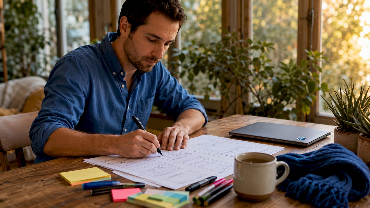 Person sketching website wireframes at desk