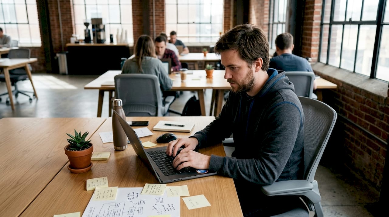 Web developer improving website load speed in office.