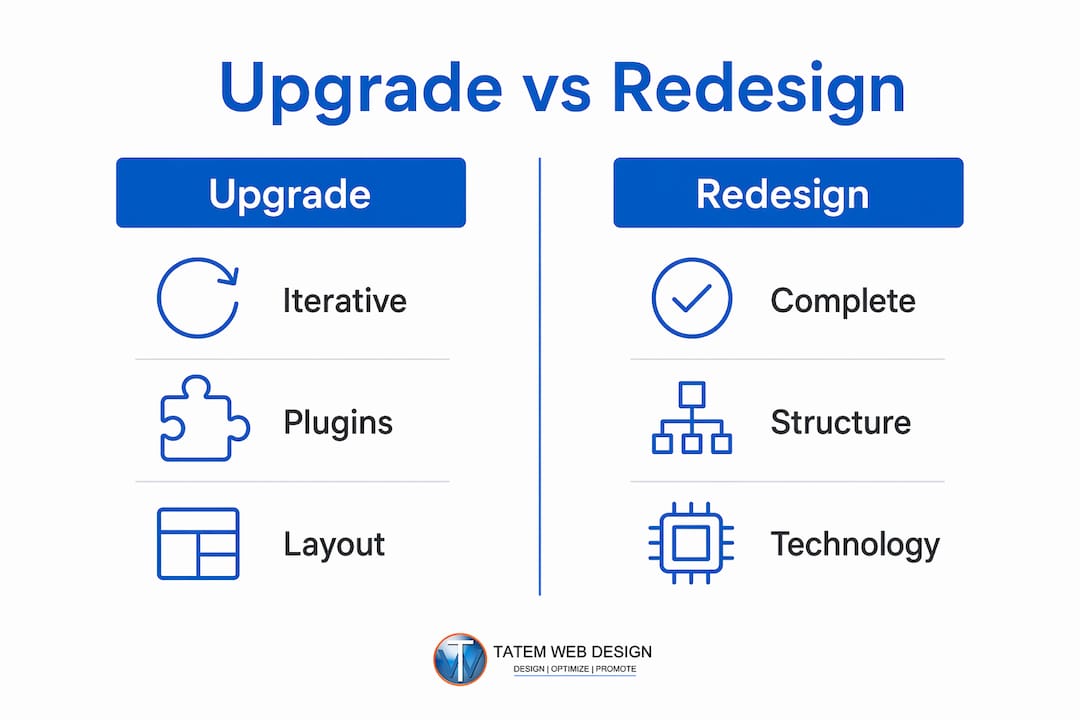 Infographic comparing website upgrade and redesign differences.