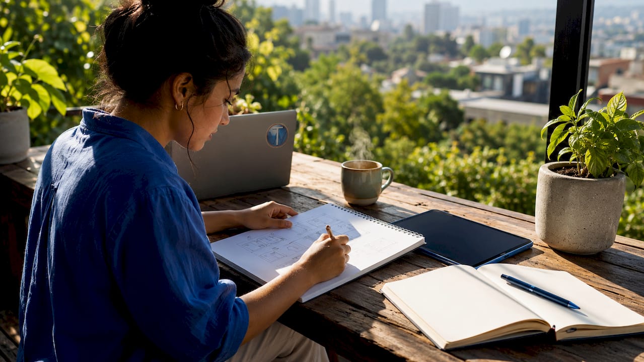 Designer sketching mobile wireframe on notepad