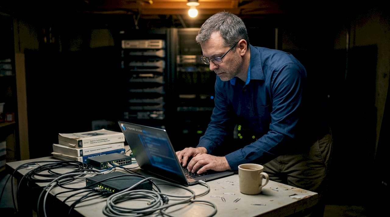 IT professional managing website migration at laptop in server room office