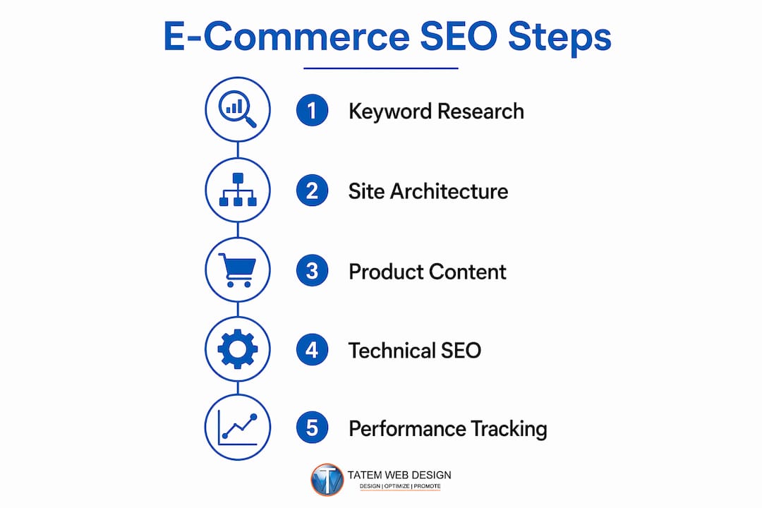 Infographic showing five key steps of e-commerce SEO