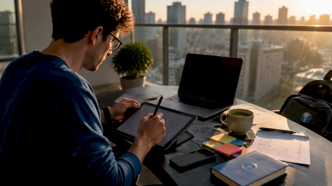 Young designer working on mobile responsive design at home desk