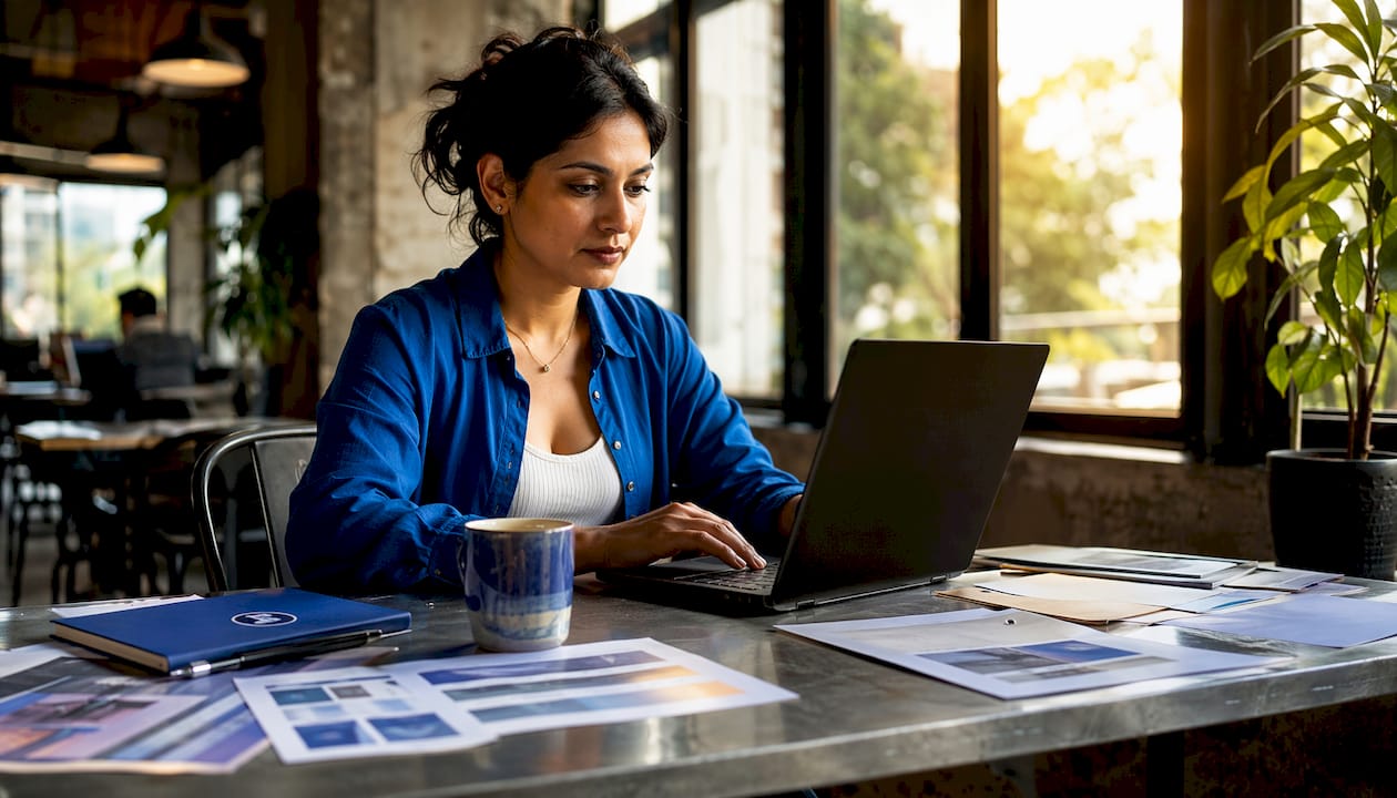 Business owner navigating website design on laptop