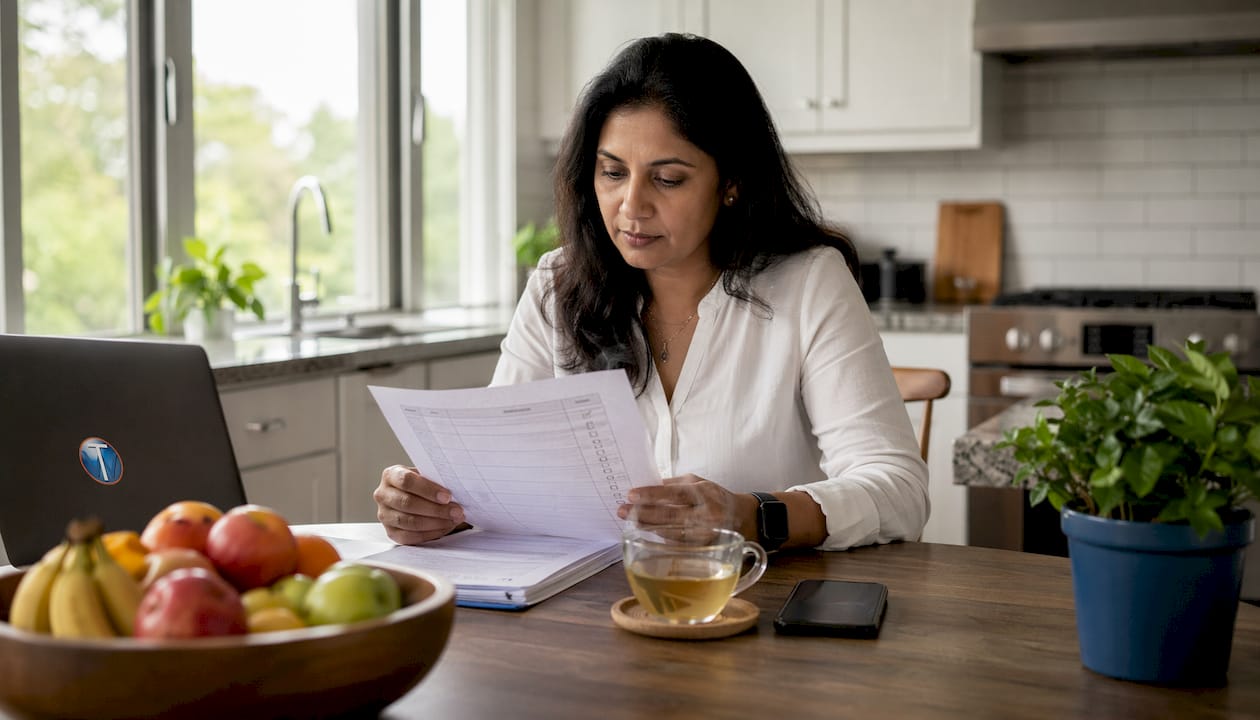 Woman auditing devices at home office desk