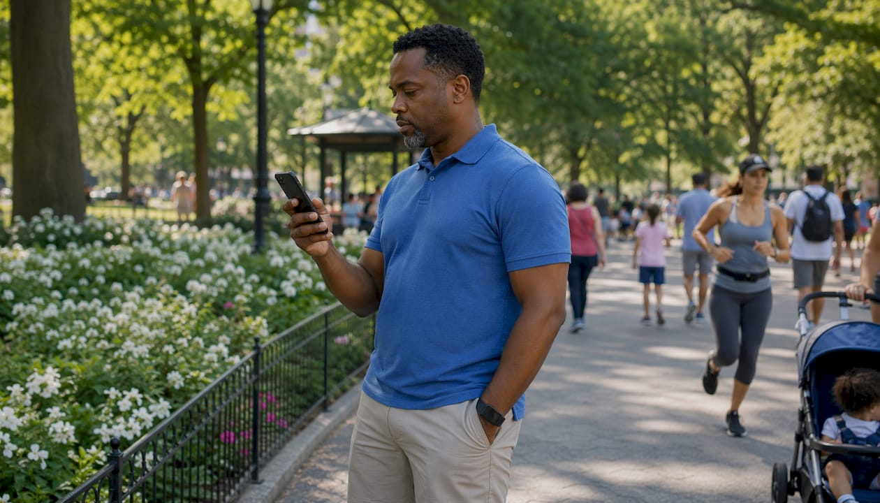 Man using mobile local search outdoors