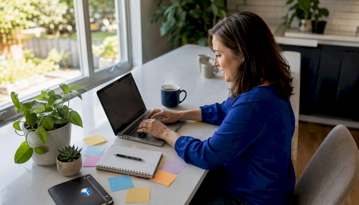 Woman updating business website at home office
