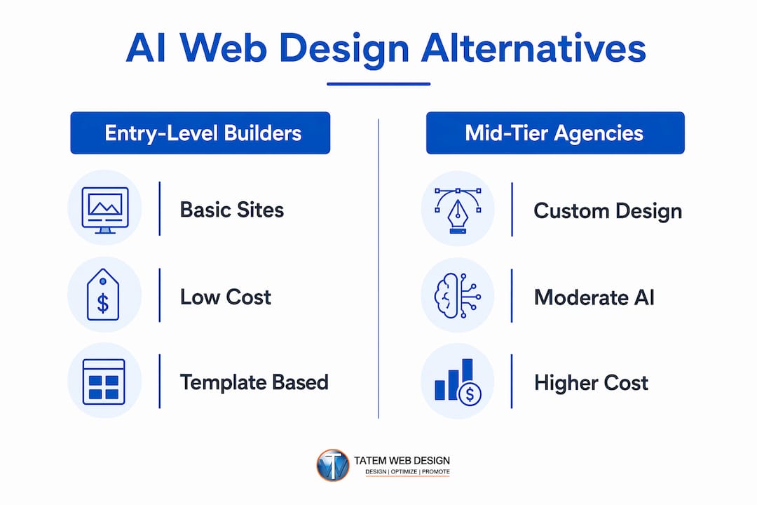 Infographic comparing two categories of AI web design alternatives