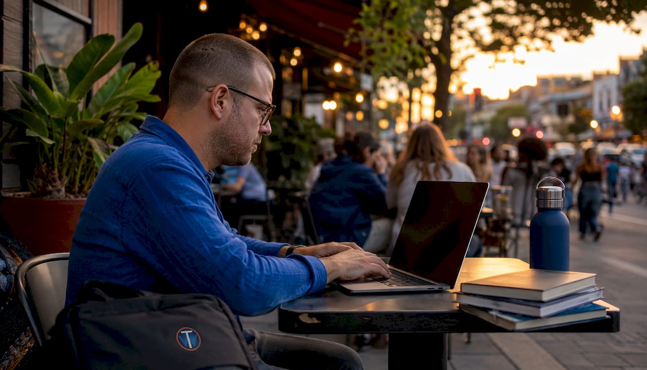 Man managing WordPress hosting in coworking space