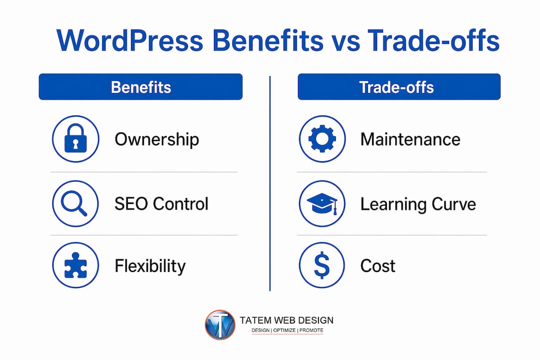 Infographic comparing WordPress benefits and trade-offs for business