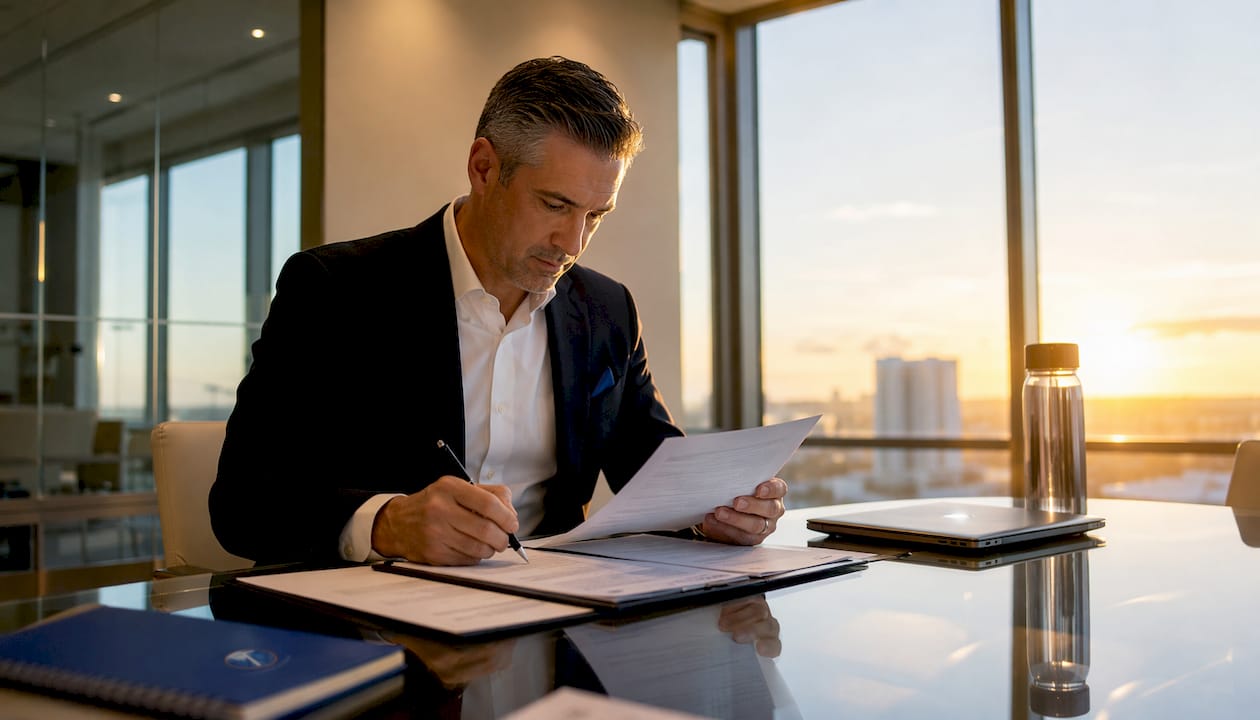 Person reviewing compliance documents at desk