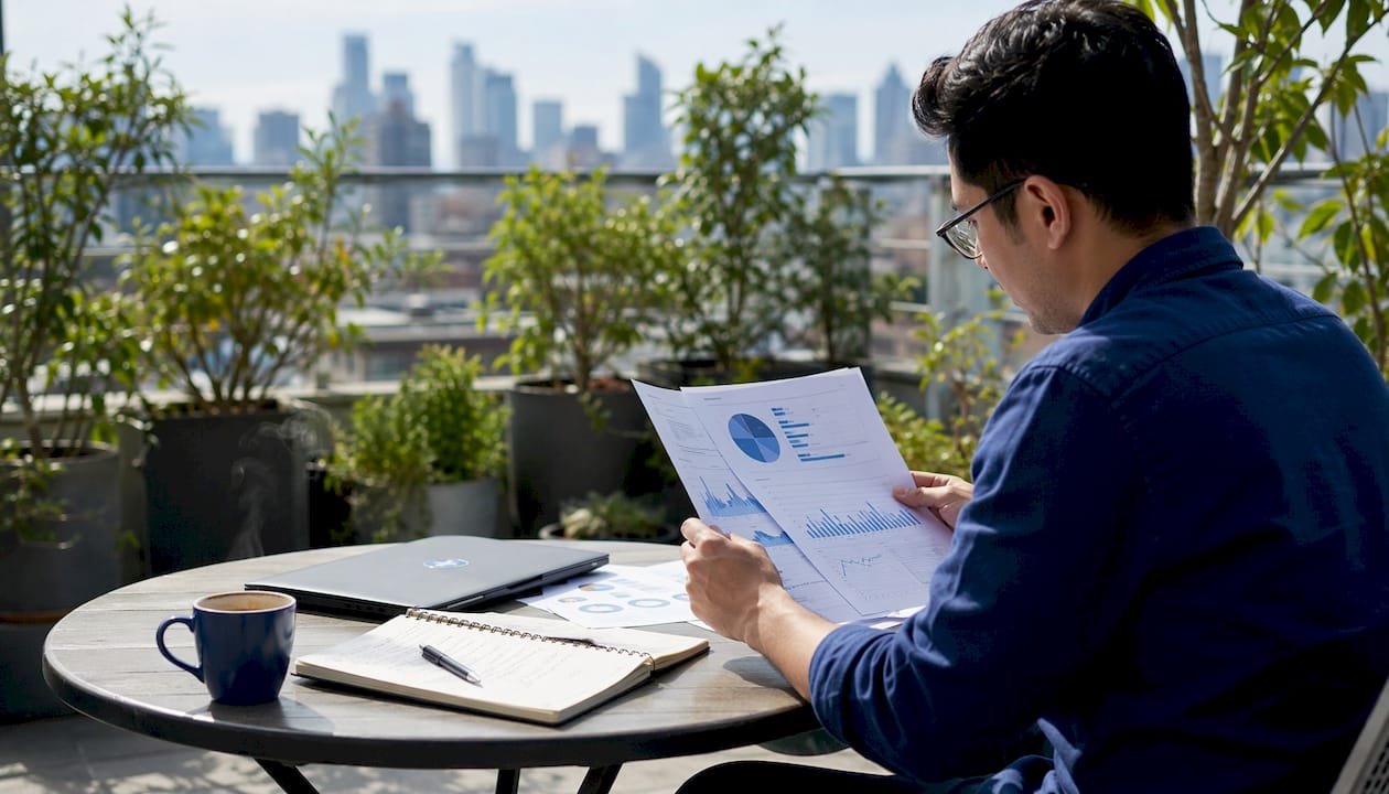 Professional reviewing printed web analytics reports