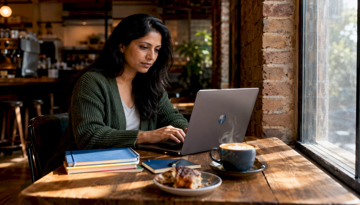 Woman working on SEO laptop in home office