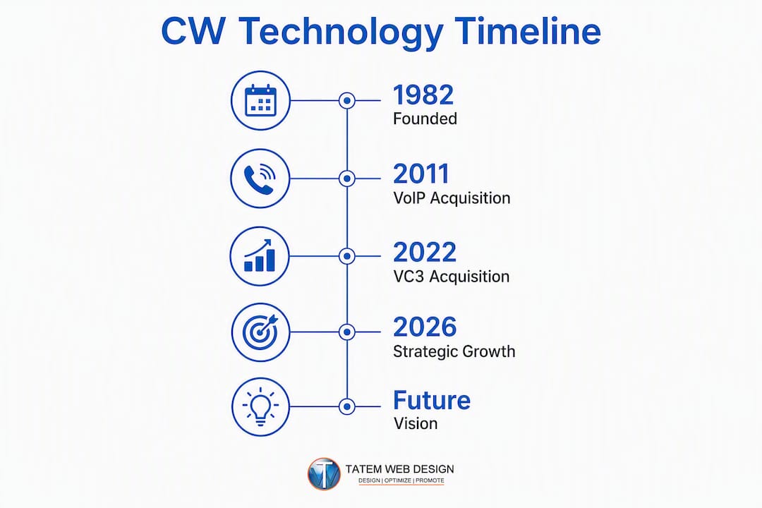 Infographic showing CW Technology company growth timeline